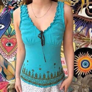 Vintage RANSOM Blue Ruffle Milkmaid Tank Top